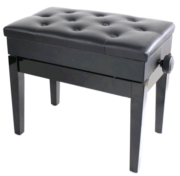 Panca piano in legno regolabile in altezza nera lucida lucida con seduta sky, rgolabile in latezza a veno porta spartiti
